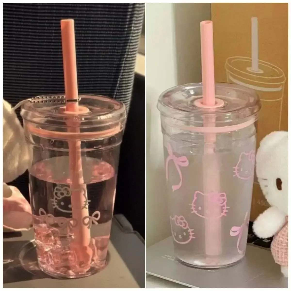 Anime Hello Kitty Pink Straw Cup KT Cat Large-Capacity Transparent Plastic Water Cup Kawaii Plastic Portable Cup Christmas Gifts view 2