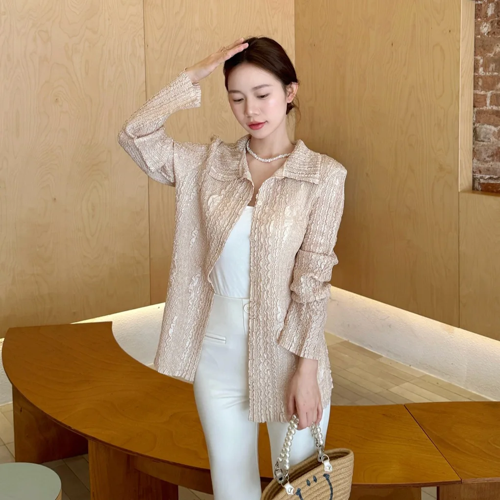 

Плиссированная рубашка Miyake 2026: Новинка Весна/Лето, женская, высококачественная, дизайнерская, модная, повседневная, универсальная, плиссированная рубашка-кардиган