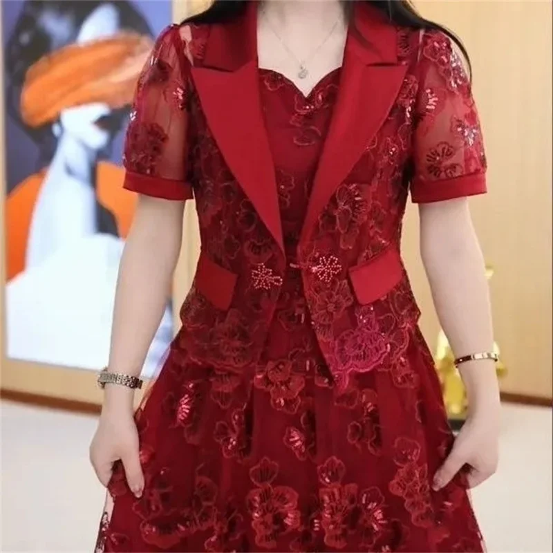 Lace Dress Women\'s High end Luxury Lady Two Piece Sets Silk Dress Suit Jacket And Dress 2023 Summer Waist Slim Long A-line Dress