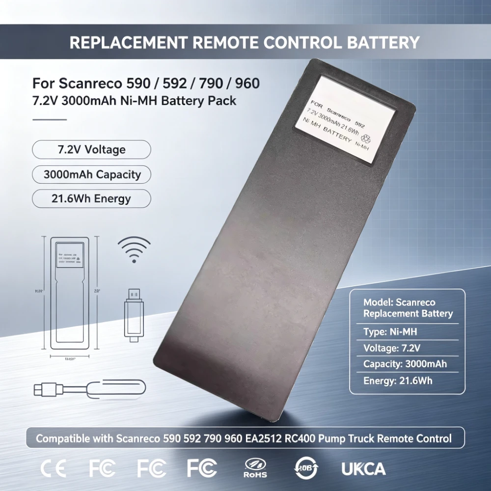 7.2V 3000mAh 21.6Wh Replacement Ni-MH Battery for Scanreco 590 592 790 960 EA2512 RC400 Pump Truck Remote Control Battery