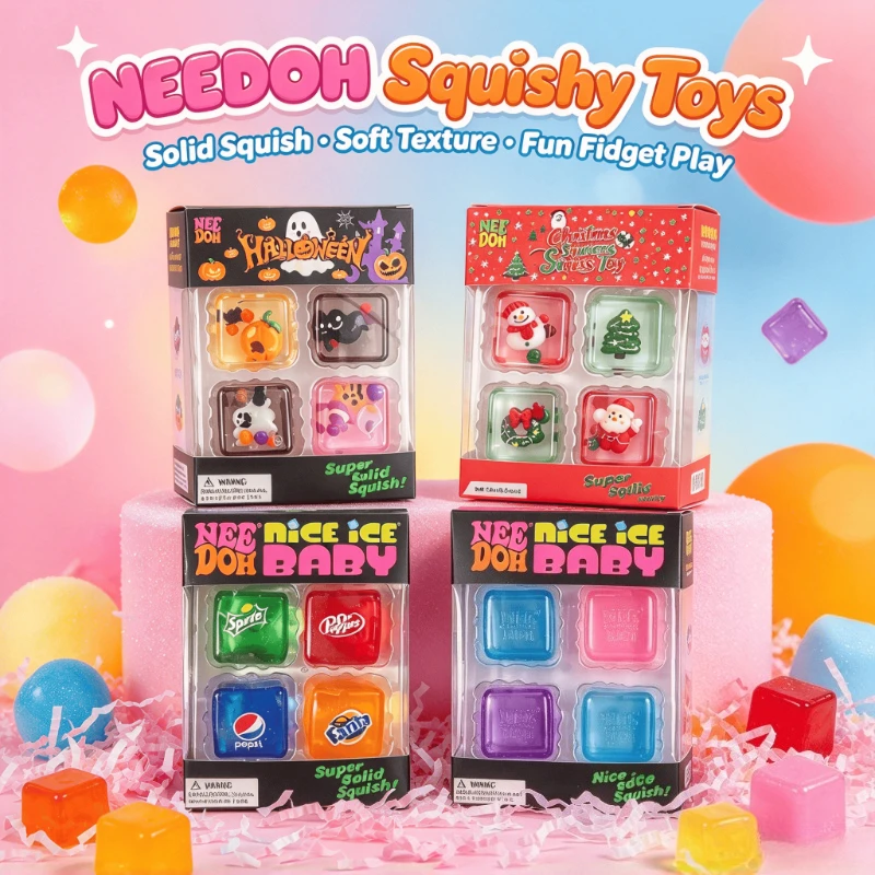 2026 New NeeDoh Mini 4 Pack Nice Cube Squishy Squeeze Fidget Toy Portable Sensory Stress Relief Anti‑Anxiety Desk Toy