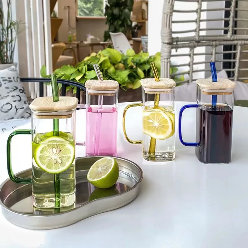 

400ml Square Glass Mug With Lid and Straw Breakfast Milk Cup Microwave Safe Transparent Party Beer Coffee Mug Drinkware Bar Tool