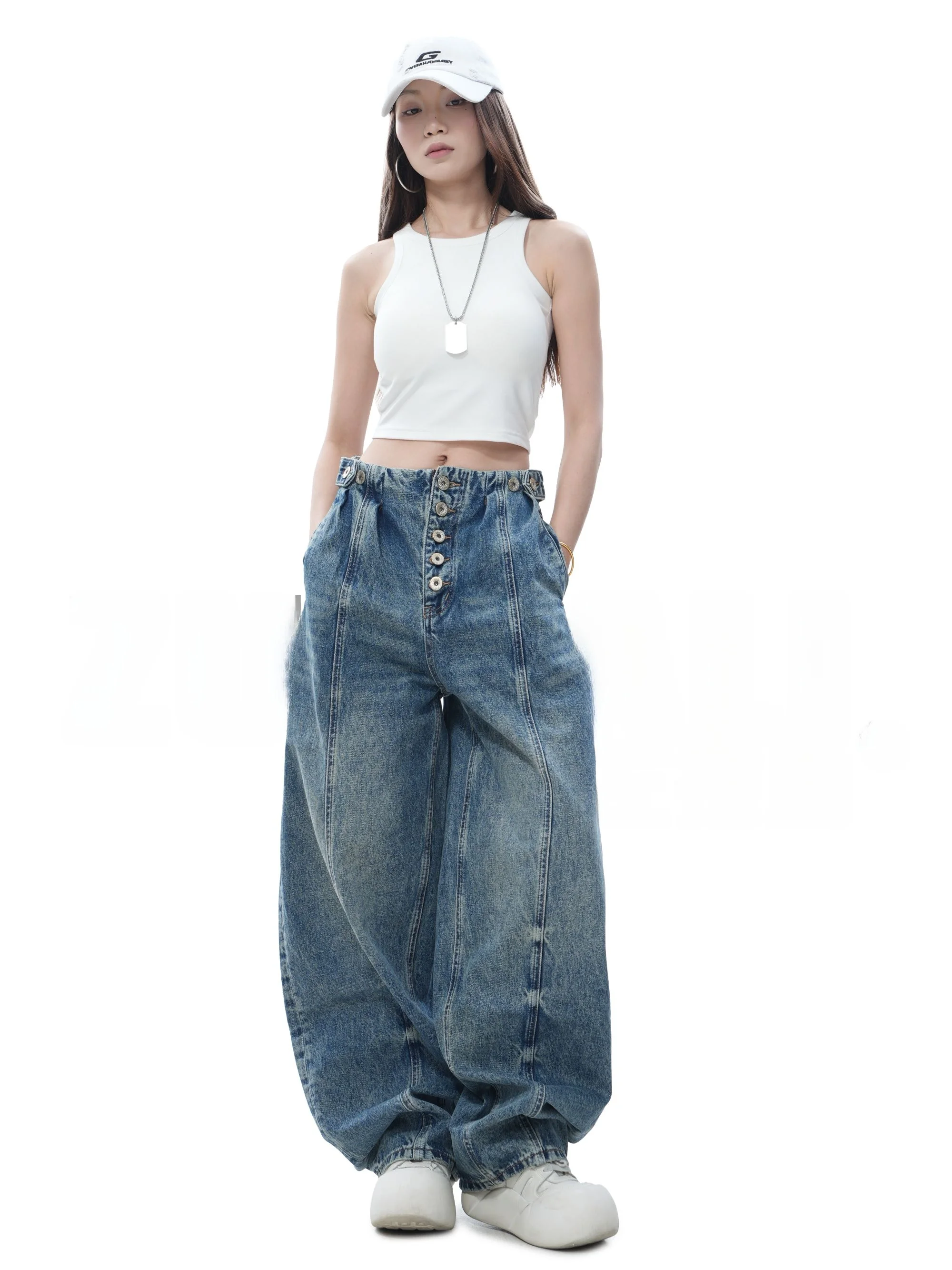 

High Waist American Retro Multi-Bule Design Wide Leg Jeans High Waist American Retro Sle Destructed Series Denim Pants
