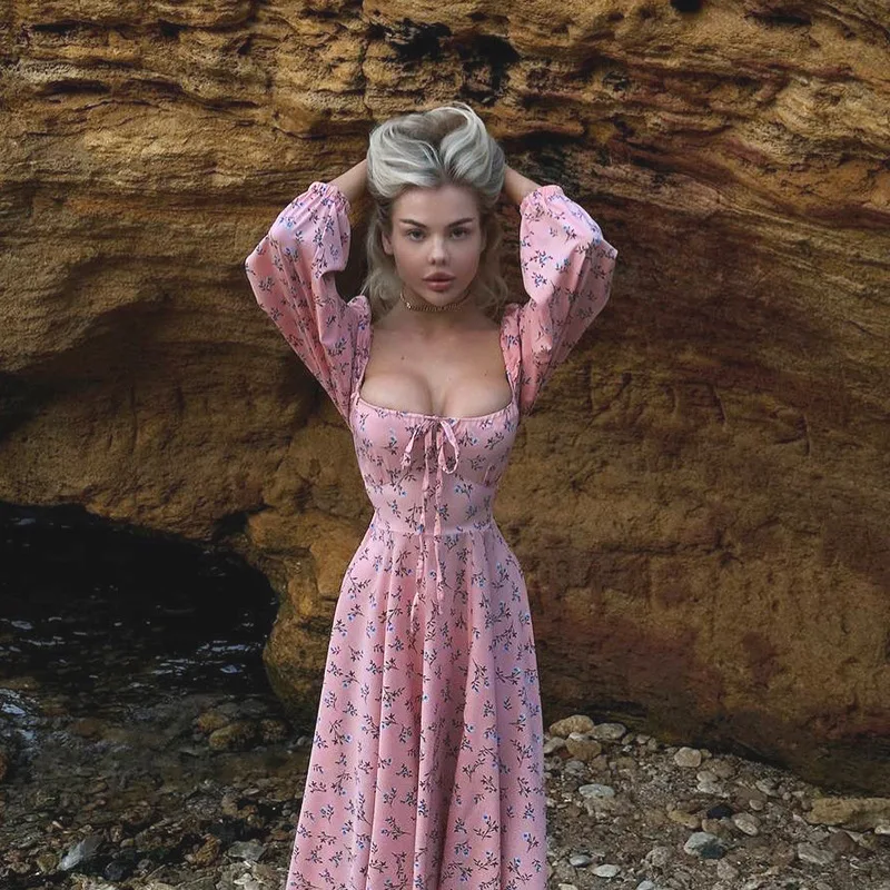 YL25263 Abito lungo da ragazza calda con scollo quadrato stampato e spacco sexy floreale stile vacanza francese