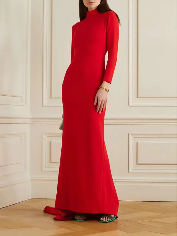 

Onecozyday 2024 Autumn New Women's Elegant Red Evening Dresses Half High Neck Long Sleeve Slim Fit Floor Length Party Dress