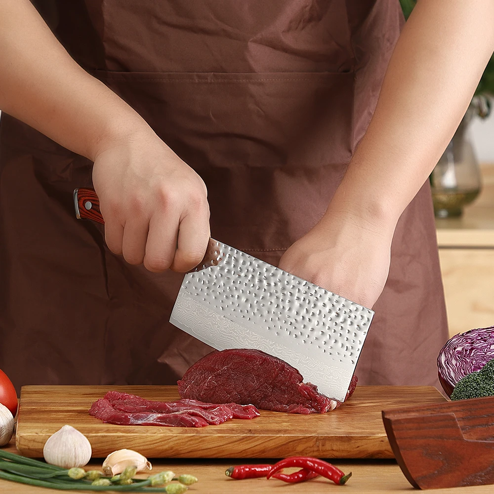 Sunnecko Cleaver Chef's Knives Ultra Sharp High Carbon Damascus Steel Meat Cutting Knife Kitchen Design Knife Pakkawood Handle