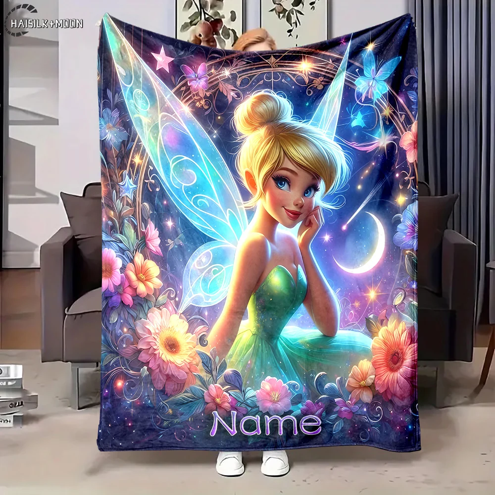 Custom Name Personalized Blanket Disney Tinker Bell Fluffy Soft Flannel Sofa Adult Blanket Office Lunch Break Blanket Kid Gift