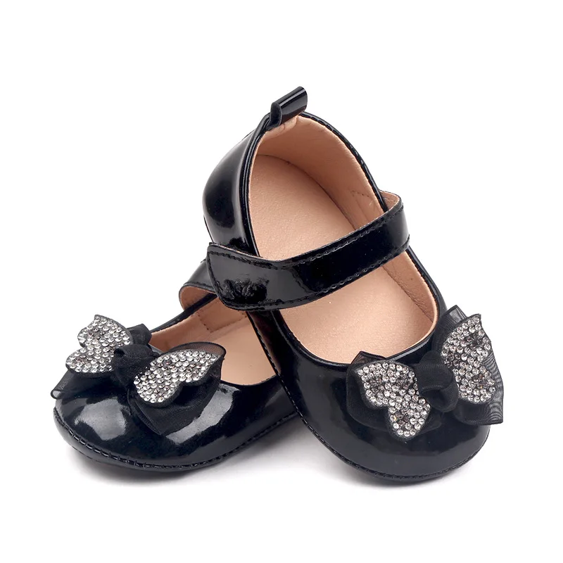 Newborn Girl Princess PU Toddler Shoes Bow Decor Rubber Sole Anti-Slip First Walker Shoes