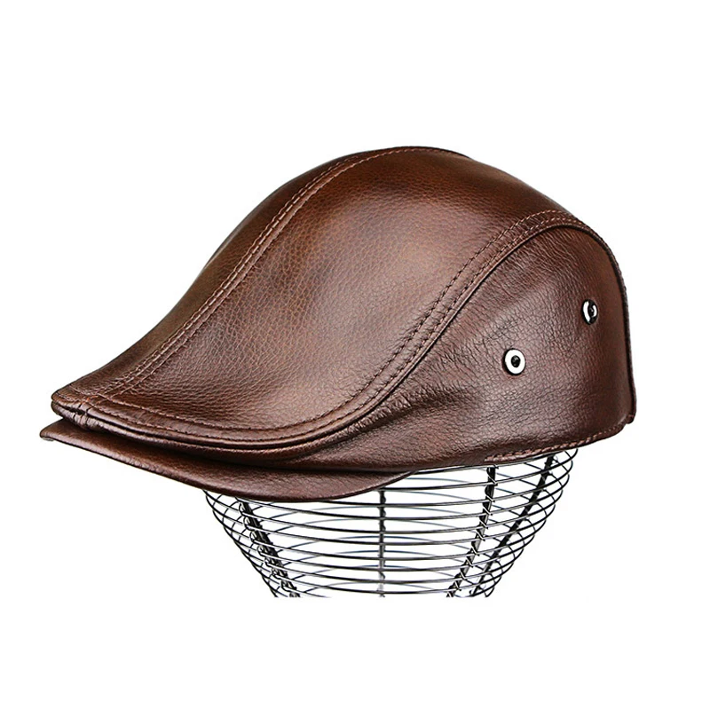 

100% Genuine Leather Beret Men Adjustable First Layer Cowhide Thin Hat Trend Street Women Leisure Duckbill Casquette Forward Cap