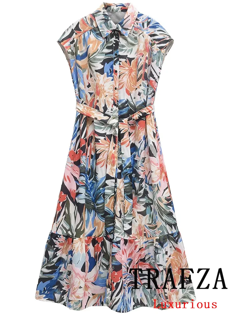 

TRAFZA Chic Casual Sexy Women Dress Print Sashes Single Breasted Sleeveless Long Vestidos New Fashion 2025 Spring Summer Dress