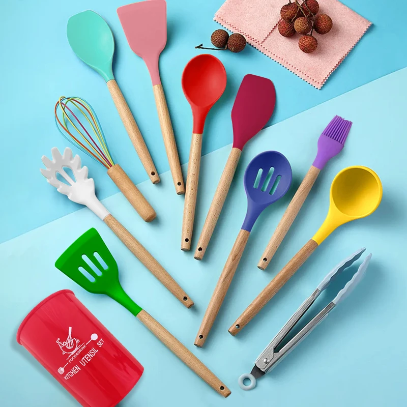 12pcs Kitchen Utensils Set Colorful Silicone Cooking Utensils Set Non-Stick Silicone Spatula Set with Hard Wood Handle 12 Pieces