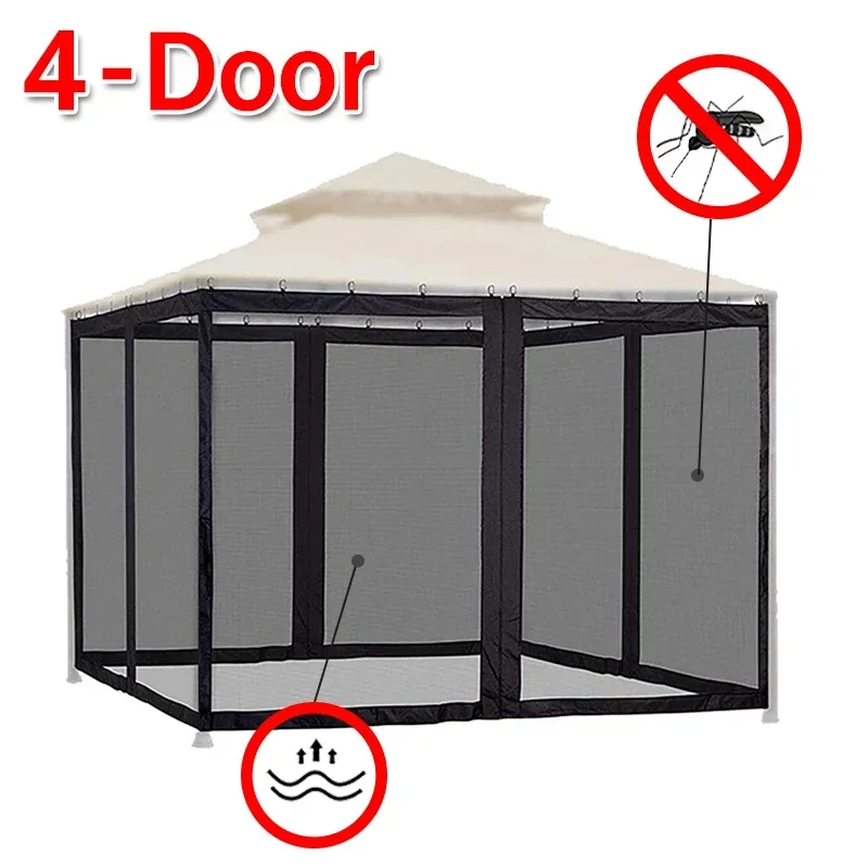 300x300x210cm Black Gazebo Garden Mosquito Net Waterproof Universal Replacement Canopy Net Screen 4-Door Curtain with Zippers