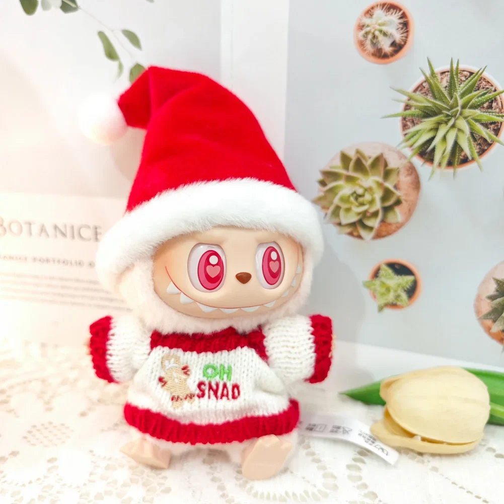 Pakaian boneka mewah Mini 17cm aksesori pakaian untuk Labubu Idol V1 V2 Christmas Cookie Man Sweater topi pakaian hadiah Tahun Baru