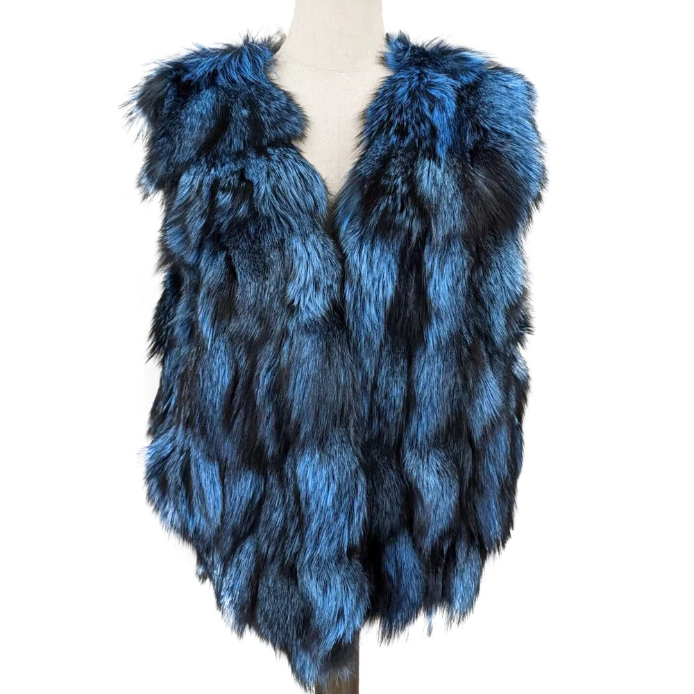 Natural Fox Fur Vest for Women, Royal Blue Color, New Trend Waistcoat,  2210013