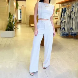 Pant Sets Women Tracksuit Two Pieces O Neck Solid Tops Sleeveless Pullover Wide Leg Pants Loose Fit Pockets High Street 2024