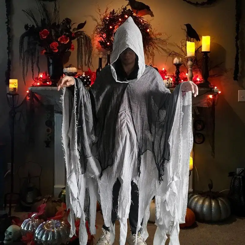 Halloween Ghost Cloak Adults Hooded Witch Cape For Women Masquerade Breathable Spooky Haunted House Costume Dress Up Helper