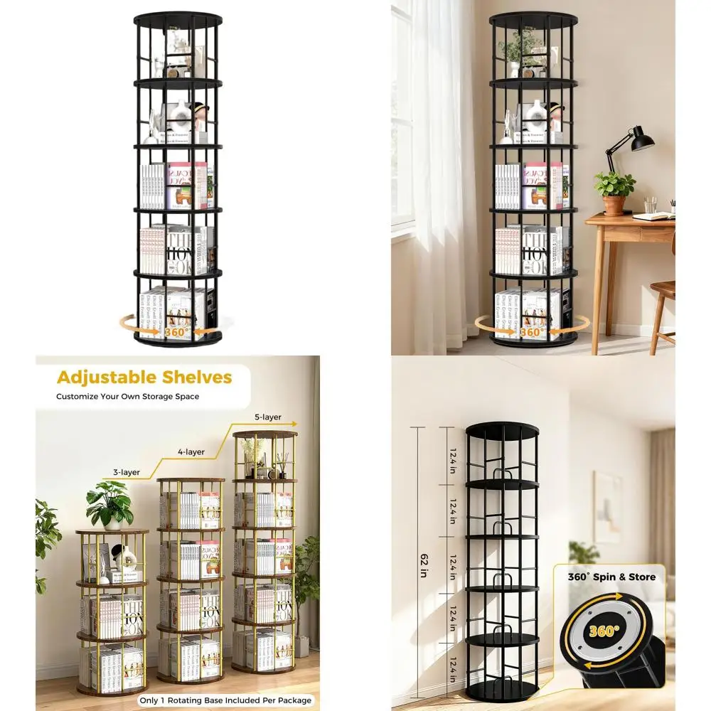 

360 ° Вращающаяся 5-ярусная книжная полка-башня - складная, высокая, компактная система хранения для дома и офиса (черная)