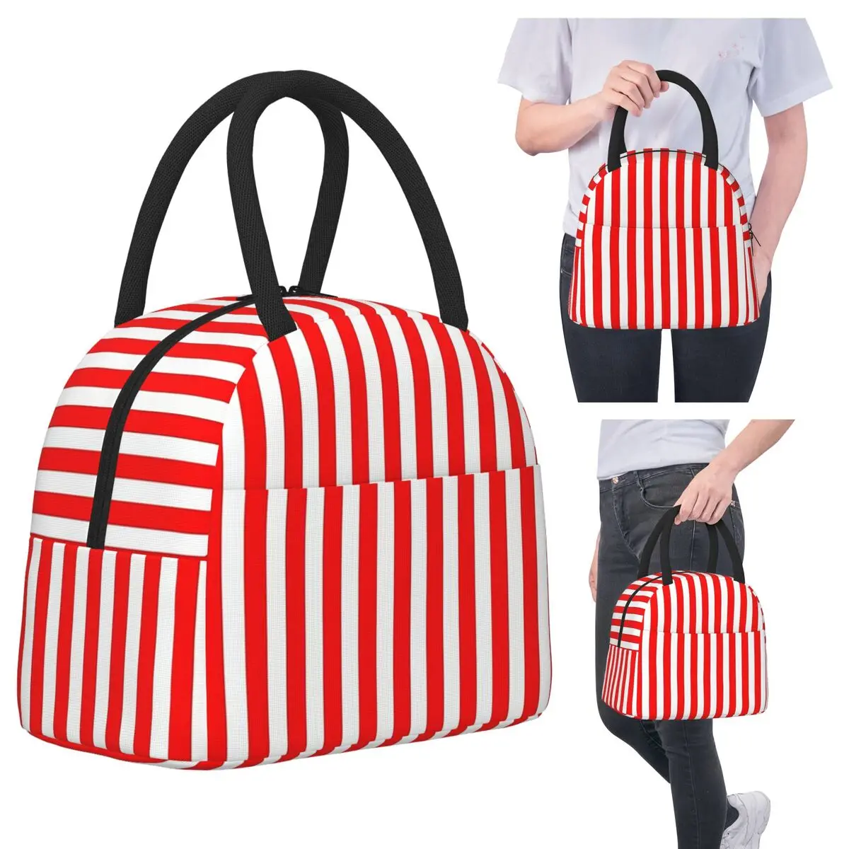 

Classic Red And White Vertical Stripes Lunch Bags Insulated Bento Box Portable Lunch Tote Resuable Picnic Bags Thermal Bag