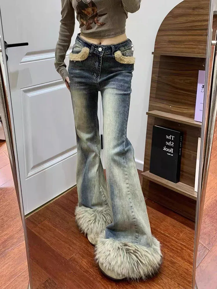 Y2K Furry Patchwork Jeans Women American Streetwear Slim Flared Denim Pants Winter High Waist Splicing Straight Trousers Mujer