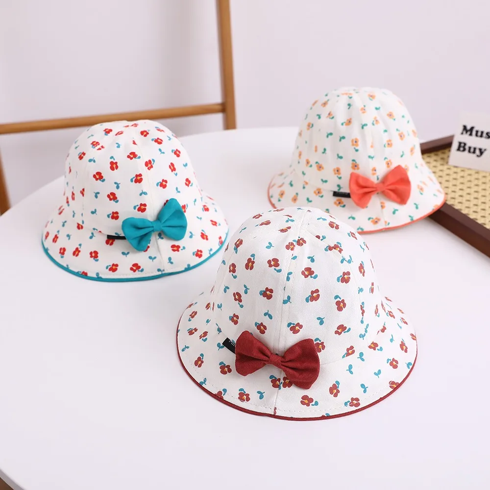 

Comfortable Korean Style Flower Bucket Cap Wide Brim Cotton Empty Top Kid Sunhat Bowknot Anti-UV Children's Fisherman Hat Kid
