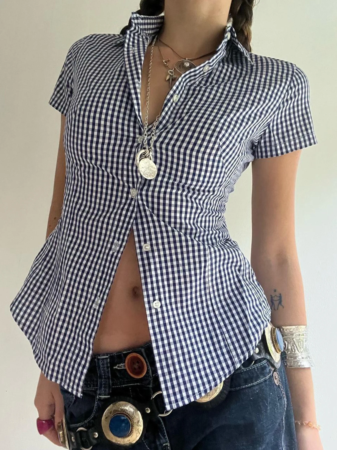 Sweetown American Retro Casual Short Sleeve Plaid Shirts For Women Button Up Turn Down Collar Summer Spring Preppy Tops