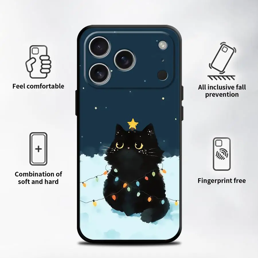 عيد الميلاد القط الأسود لينة غطاء الهاتف القضية آيفون 15 16 14 زائد 7 8 17 الهواء XR 13 12 11 17 برو ماكس XS ماكس