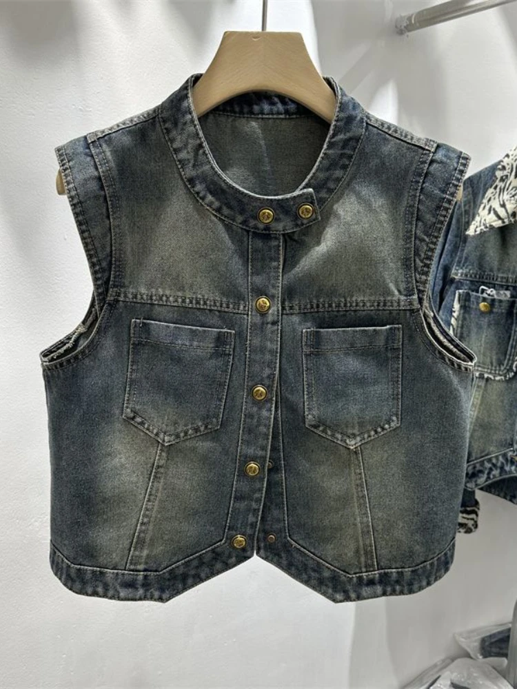 Coletes jeans vintage single breasted para mulheres, bolsos sem mangas, casacos retalhos, roupas com o pescoço, todo o fósforo, moda primavera e outono