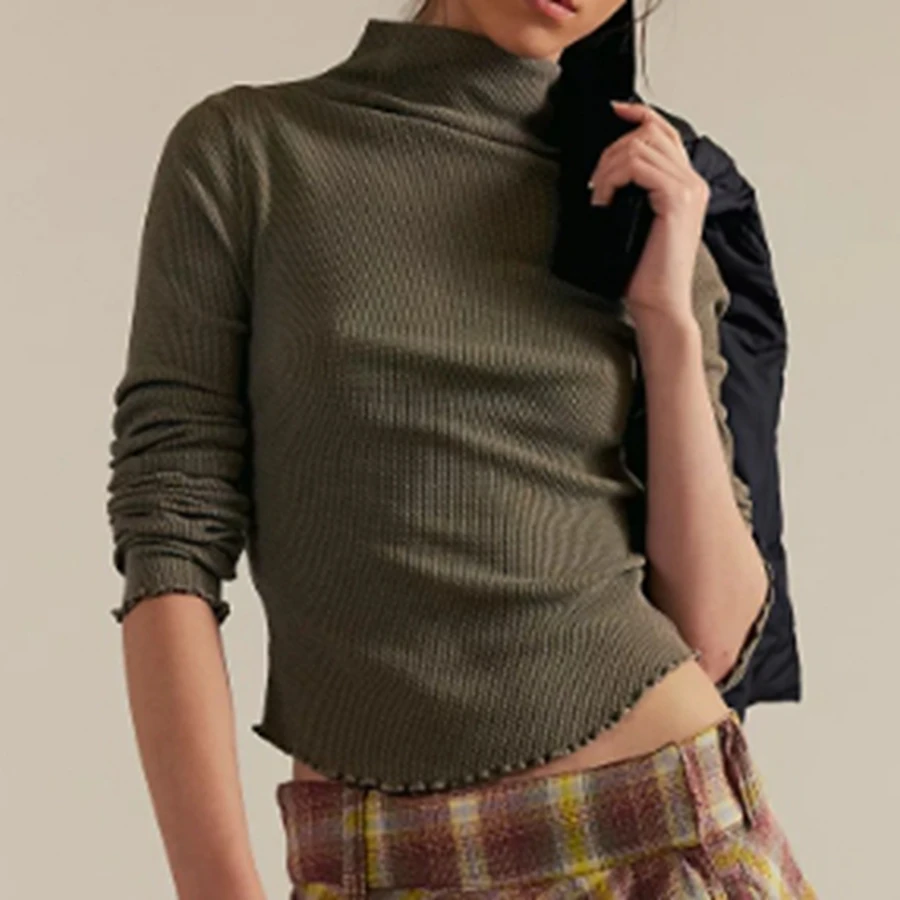 قمصان نسائية فاخرة ذات ياقة مدورة وأكمام طويلة بقصة ضيقة وقمصان خريفية مضلعة صلبة للمكتب اليومي #3