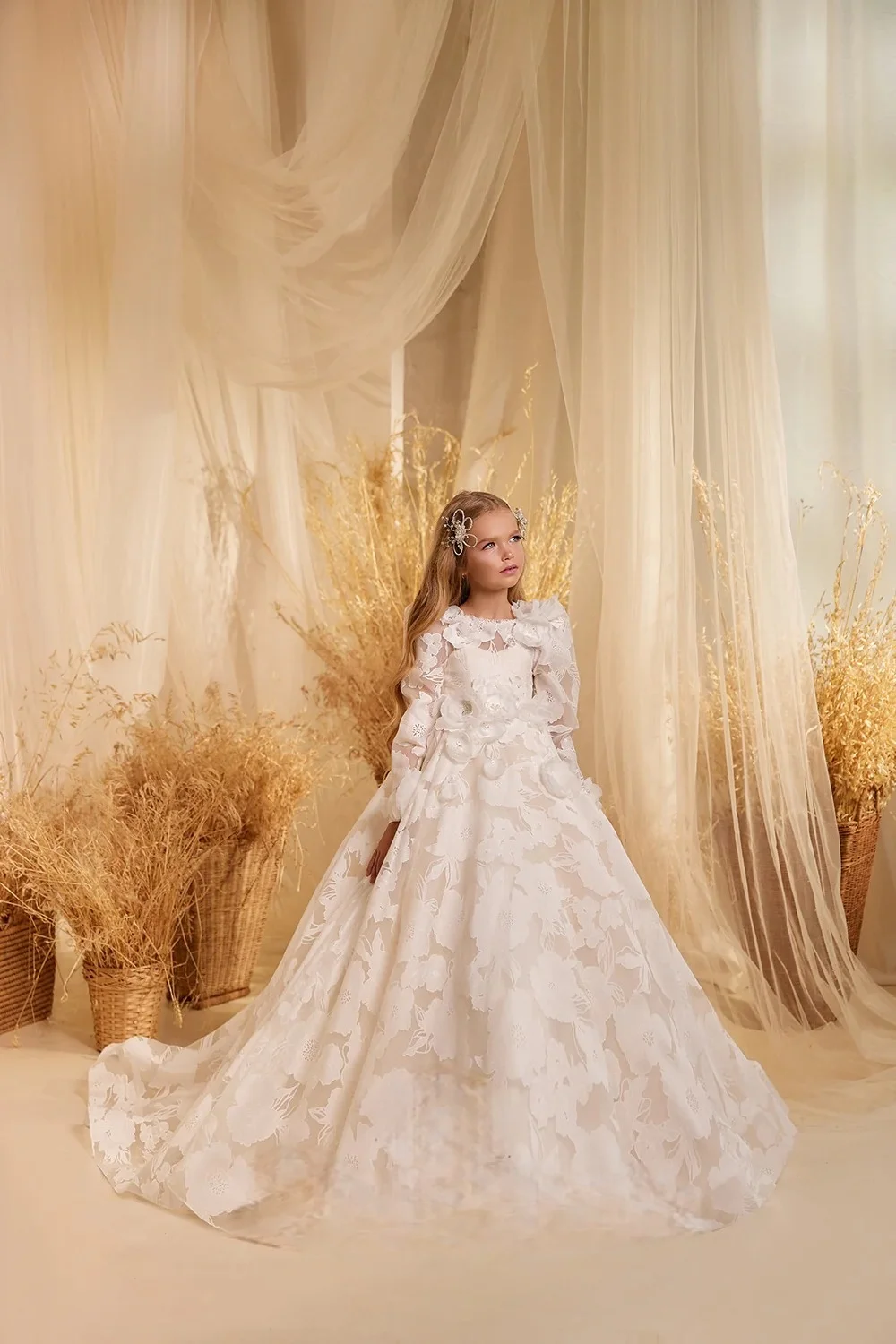 Custom JDY High Long Sleeve 3D Floral Lace Trailing Flower Girl Dress Wedding Party Gown Birthday Pageant Dress فساتين اطفال