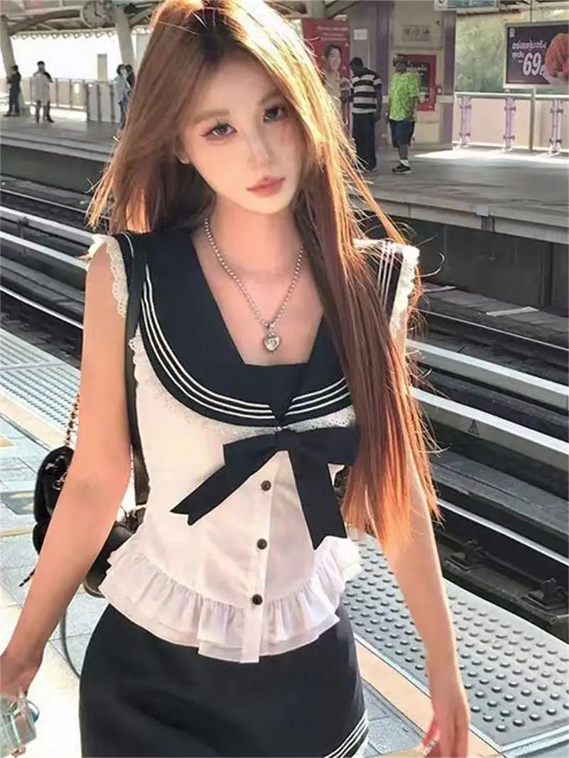 

Japan College Style Sweet Skirts Suit Women Bow Ruffled Short-sleeved Top Mini A-line Skirt New Chic Harajuku Slim 2 Piece Set