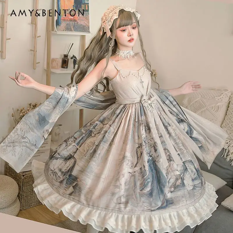 

2025 Summer New Lolita Oil Painting Print Palace Style Dress JSK Strap Loose High Waist Long Dress Versatile Shawl Edge Clip Set