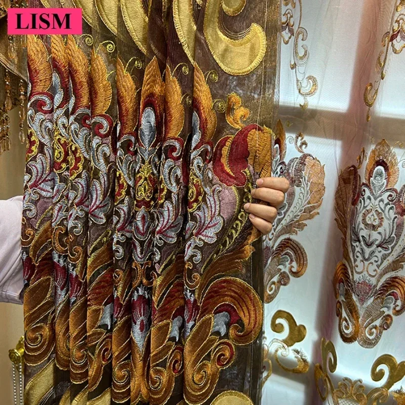 High-end Hollow Embroidery Curtains For Living Room Bedroom European Luxury Chenille American Valance Decor Custom Coffee Tulle