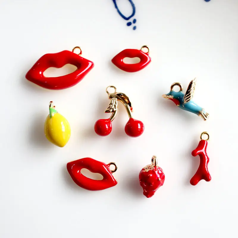 6 pcs/lot Gold Color Lip Bird Strawberry Imitated Coral Branch Epoxy Charms Golden Jewelry Making DIY For Women