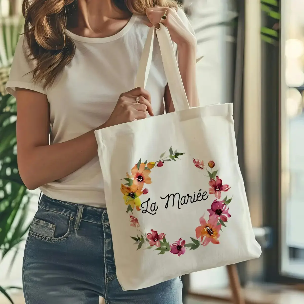 1pc The Bride Floral Design Tote - Chic White Polyester Shopping Bag Featuring a Bright Floral Pattern, Ideal for Travel, Beach,