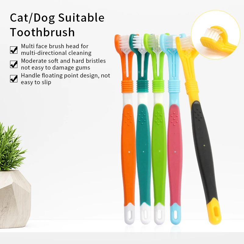 Brosse à dents multi-angle à trois côtés pour animaux de compagnie, 3 têtes, livres, chien, chat, mauvaise haleine, outil de soin des dents