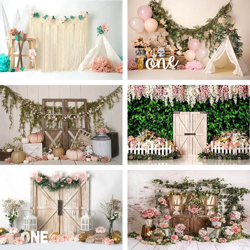 

Girl Birthday Backdrops For Photo Studio Floral Wood Door Grass Pumpkin Baby Portrait Decor Spring Photography Background Props