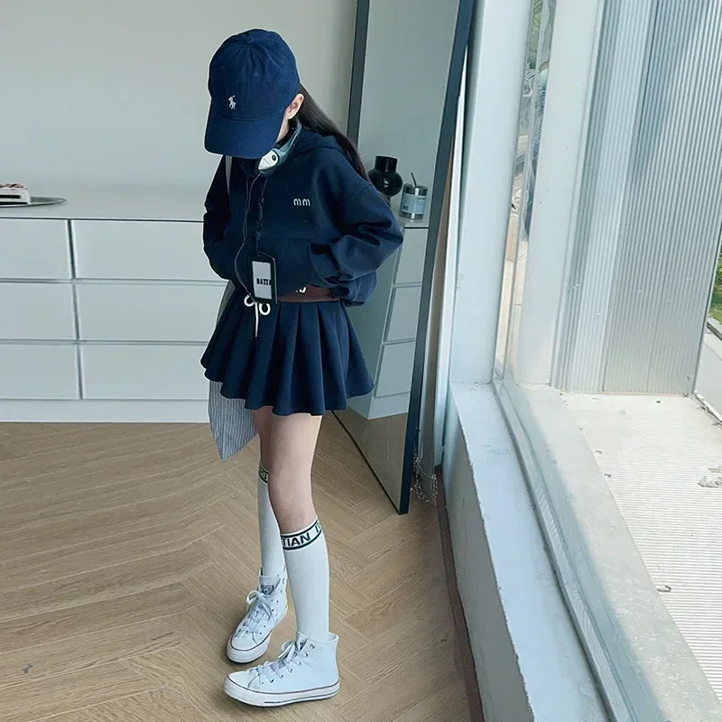 Girls Fall Set 2024 New Fashion Girls Korean Preppy Hoodie Pleated Skirt Two-piece Set Clothes Korean Simple Style Clothes