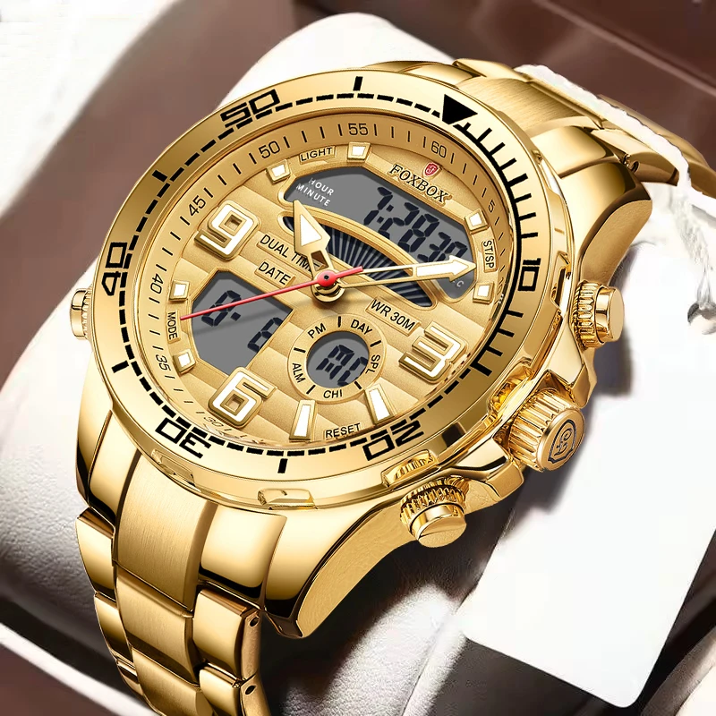 foxbox-新しいゴールドステンレス鋼アナログデジタル腕時計男性用トップブランドの高級メンズ腕時計防水発光クォーツクロノグラフ