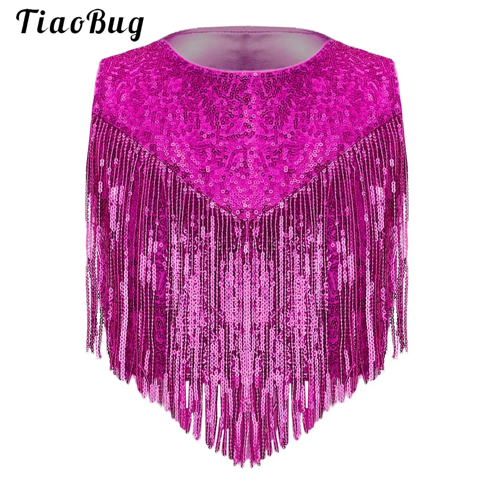 Kids Girls 70S Disco Crop Top Child Sleeveless Chest Sequins Tassels Vest Tank Tops Halloween Party Jazz Latin Dance Costumes