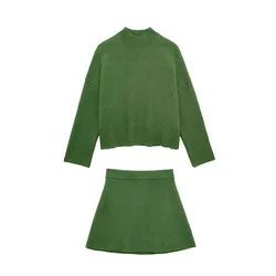 Women's new vintage loose ribbed sweater and high-waisted mini skirt 2-piece set