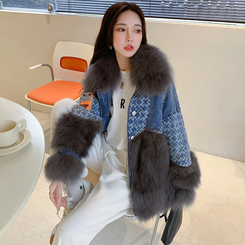 

Warm New Women Coat 2023 Real Fur Woman Parkas White Duck Down Jacket Real Fox Fur Patchwork Denim Fur Coat Women Winter