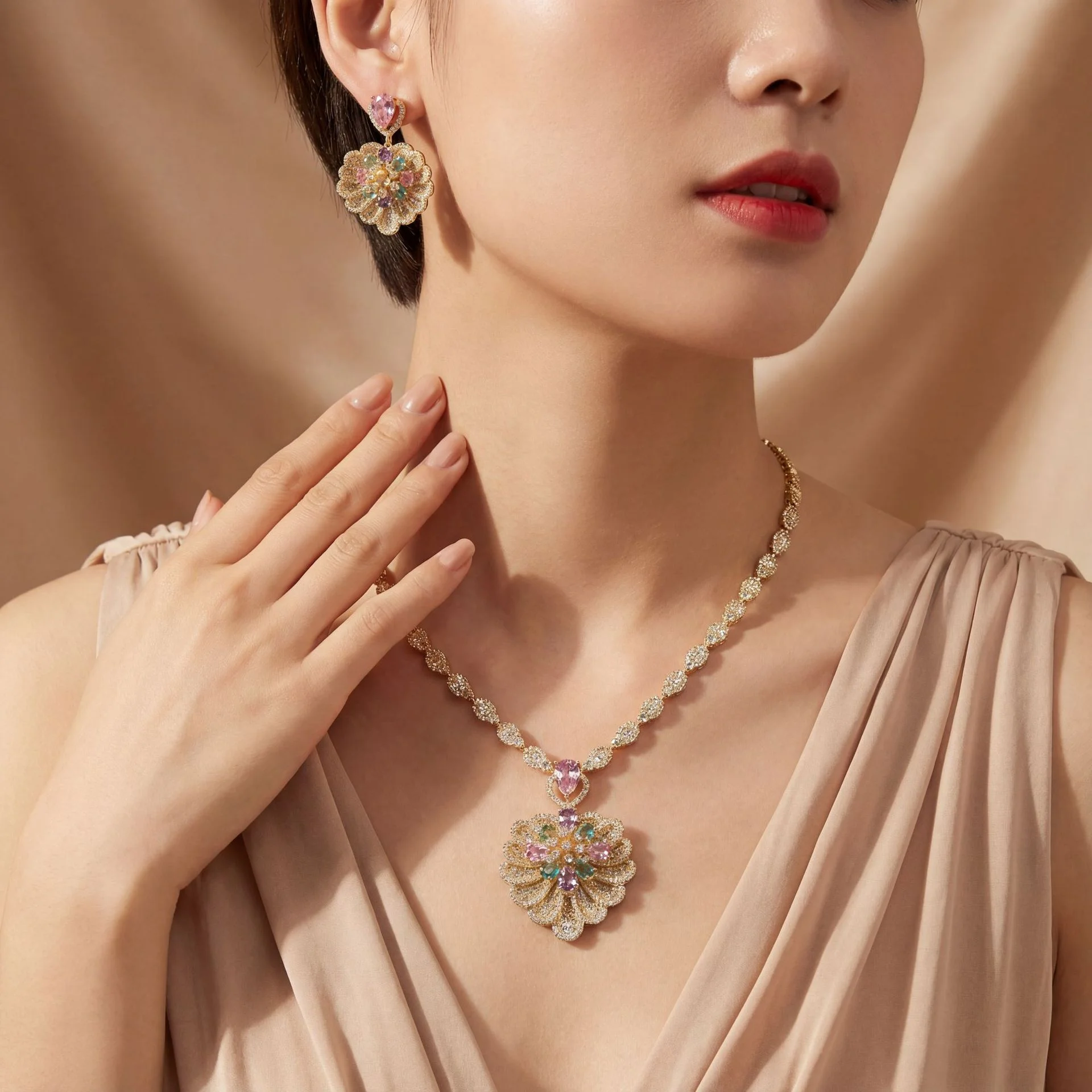 

Summer New Zircon Flower Necklace Earrings Set Trendy Versatile Elegant Two-piece Jewelry For Dinner Party Women Accessories