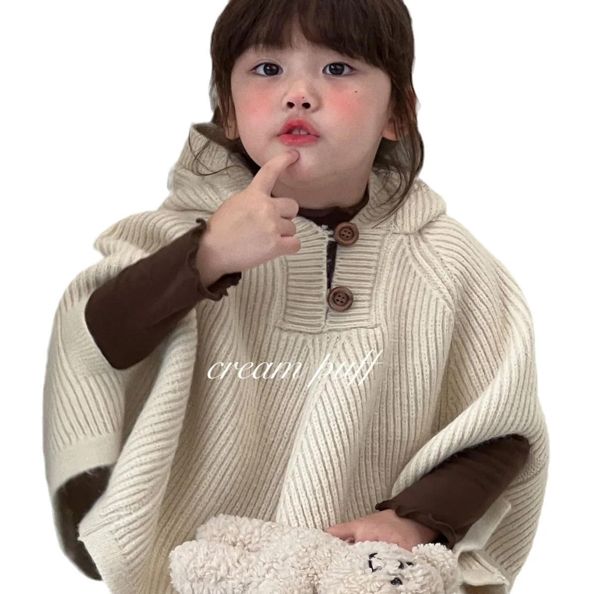 

2024 Autumn Toddler Baby Girls Knitted Cloak Bat Sleeve Button Decoration Kid Girls Outerwear Loose Solid 1-6Y Girls Hooded Coat