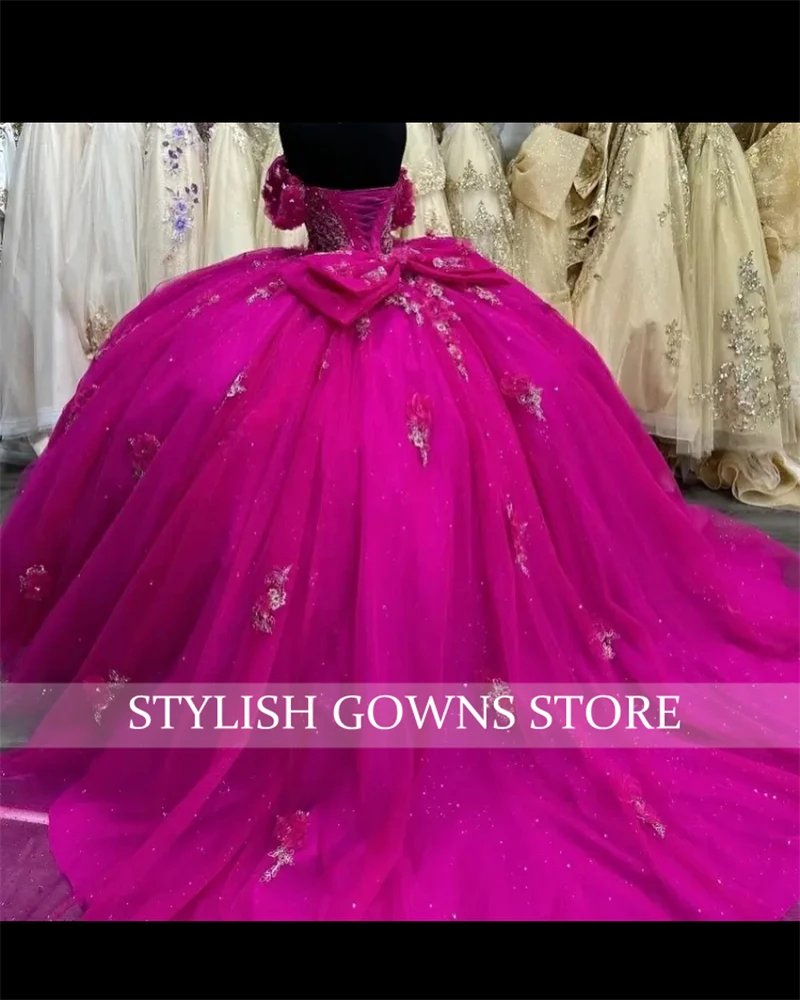 Fuchsia 3D Flower Quinceanera Dresses Ball Gown Bead Appliques 2024 Birthday Luxury Dress Bow Special Occasion Gown Customized