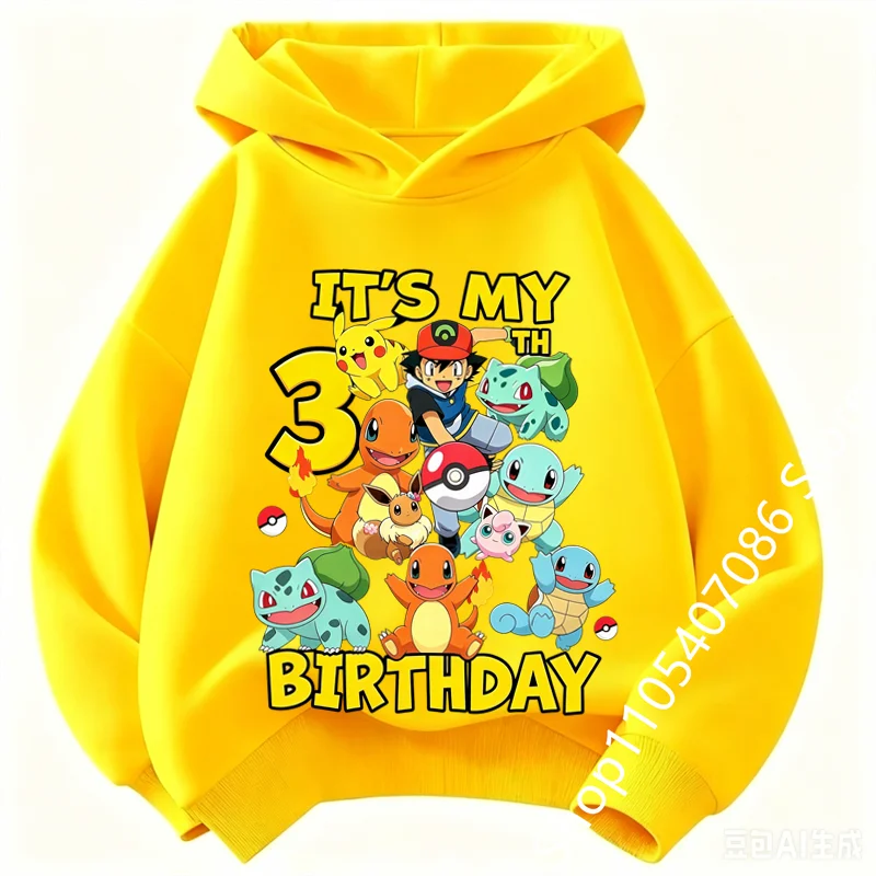 Autumn and winter Pikachu Kids Pure hoodie  Unisex Boys Girls 4-14Y Casual Birthday 1-9 number Top