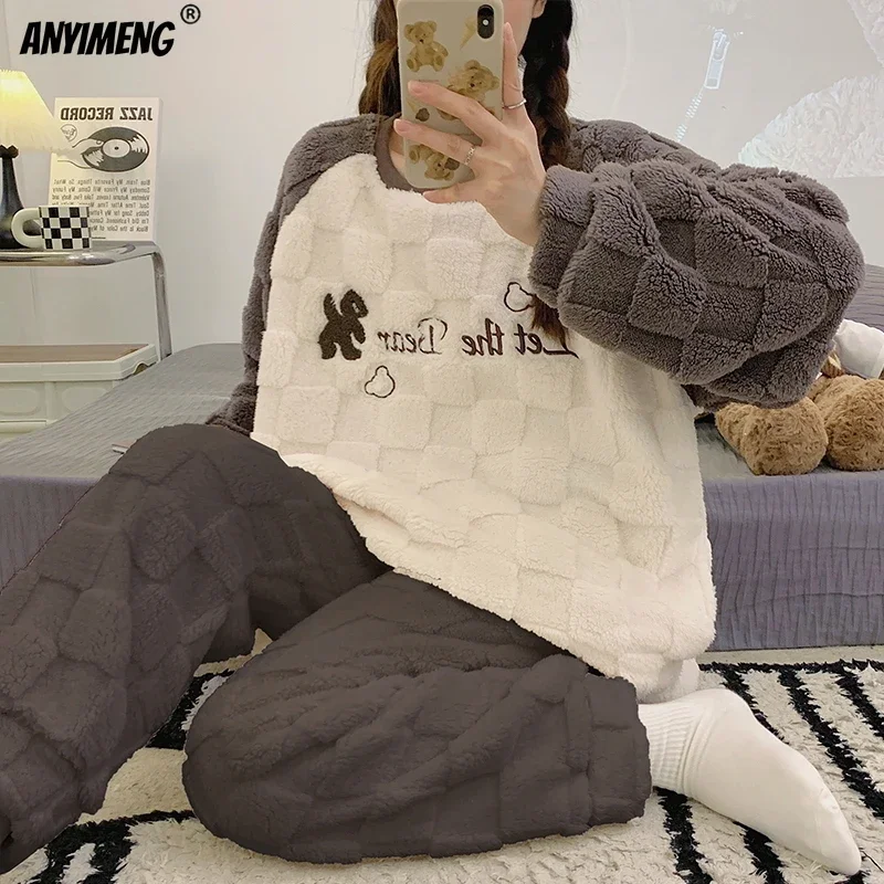 Female Thermal Homewear HQ Winter Women Pajamas Set Pullover Thick Chinese Velvet Sleepwear Teddy Loungewear Korean Girl Pijamas