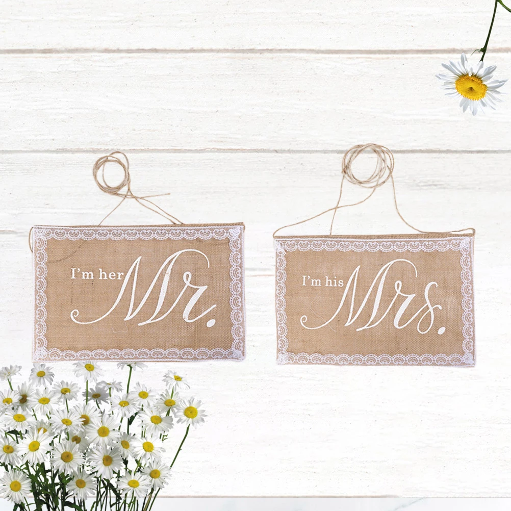 

2PCS Wedding Decoration Flags Bride Groom Chair Signs Vintage Rustic Burlap Garden Party Outdoor Indoors backyard lawn photo