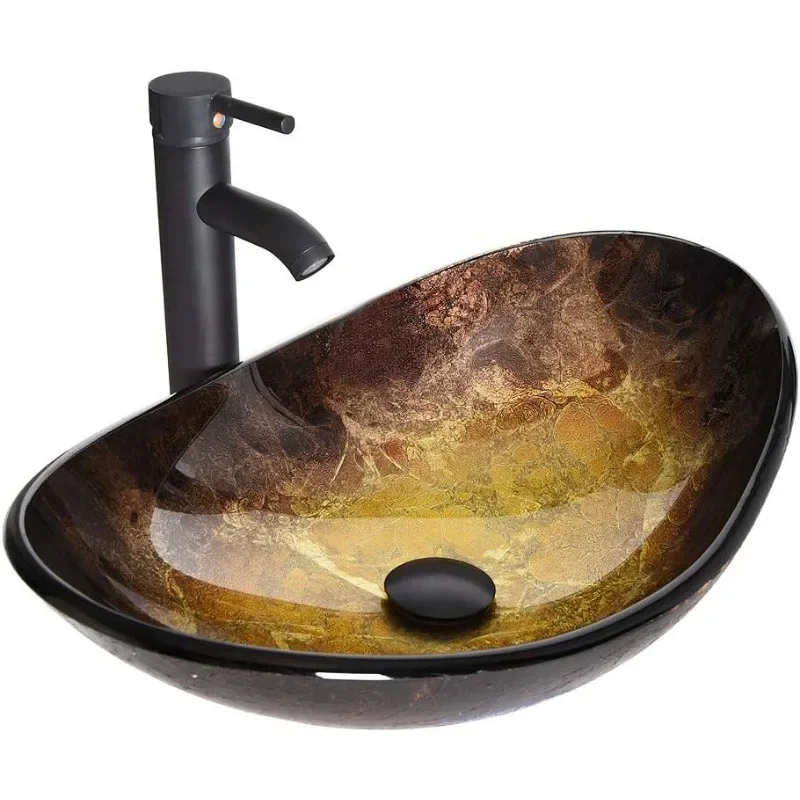 Bathroom Vessel Sink, Boat Shape Bathroom Artistic Glass Vessel Bowl Basin with Free Oil Rubbed Bronze Faucet and Pop-up Drain