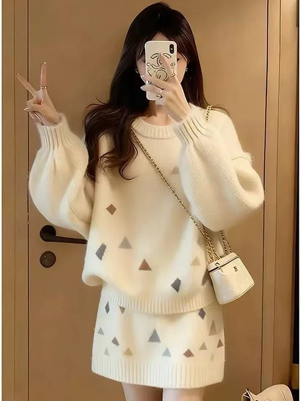 

2026 New Gentle Knitted Set Women's Autumn Winter Whole Set Sweater Skirt Two Piece Slimming Fashionable Casual Outfit