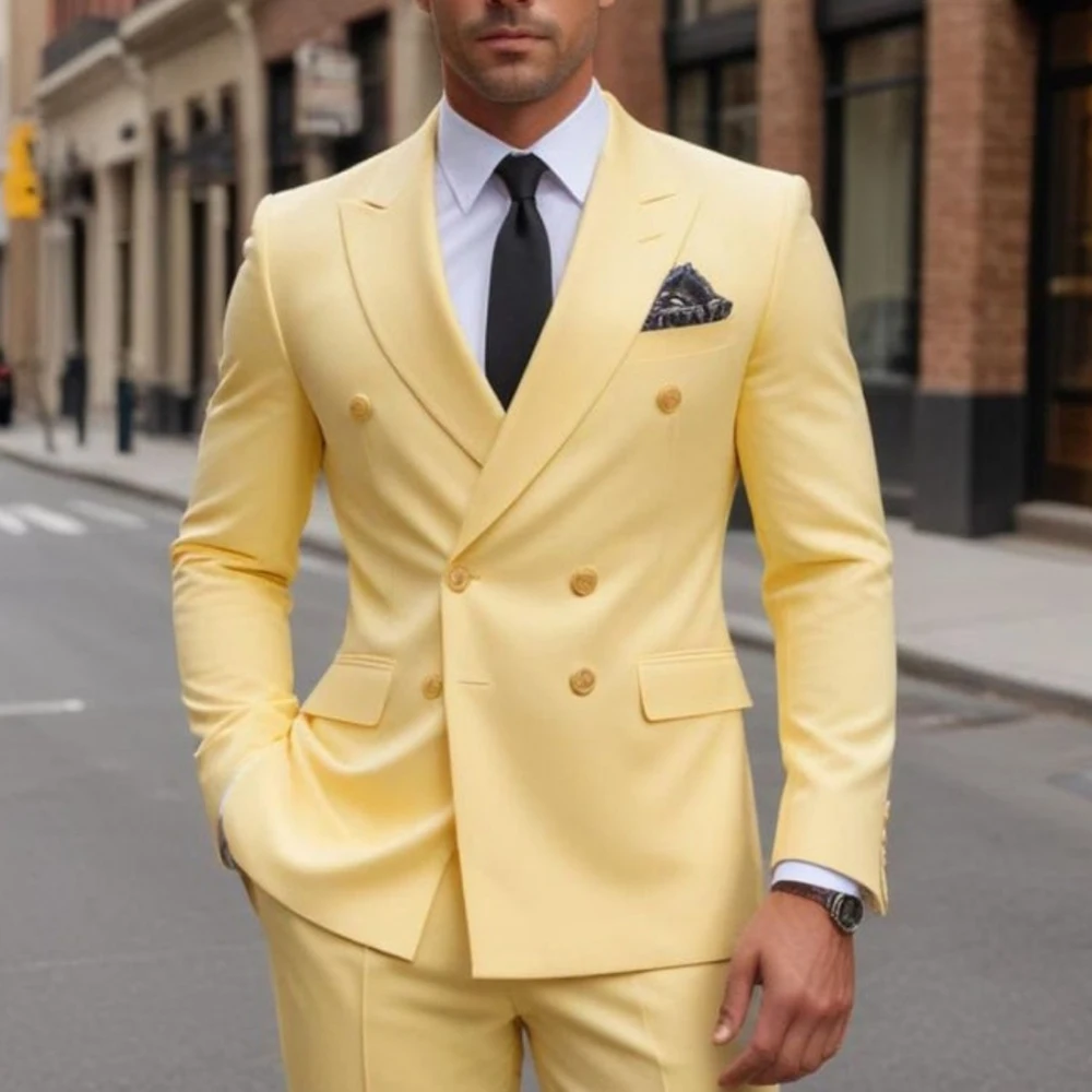 High Quality Yellow Blazer Men Suits Flat Front Wedding Outfits Single Breasted Peak Lapel Terno Luxury 2 Piece Jacket Pants